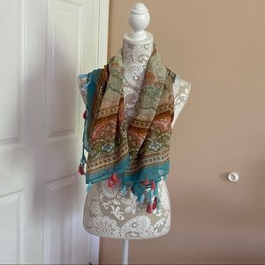 Boho Scarf with Tassels • Teal/Coral Pattern